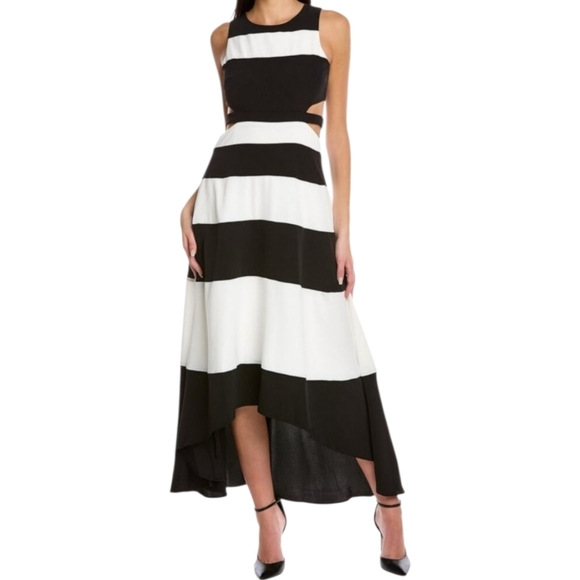 GRACIA Cutout Maxi Dress Bold Stripe Hi-Low Hem B&W Sz Large Gown Mod Minimalist - Picture 1 of 16